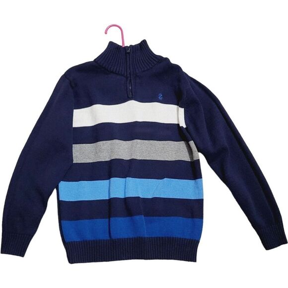 Izod Boys 1/4 Zip Sweater Navy Blue Striped Size Large 10/12 - Picture 1 of 4